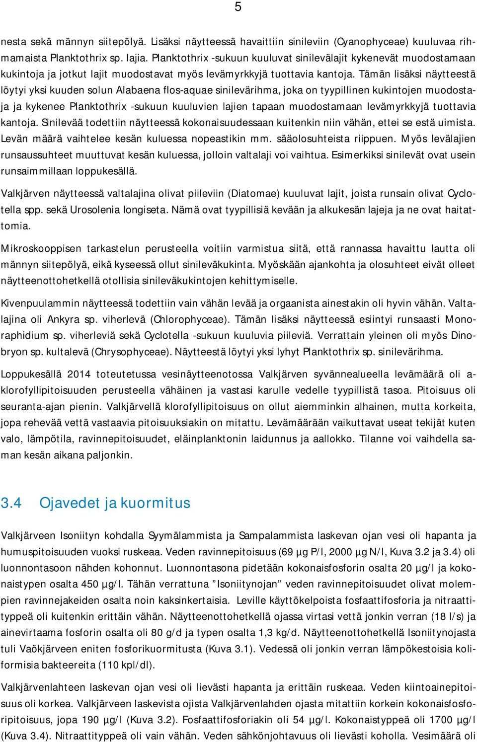 Tämän lisäksi näytteestä löytyi yksi kuuden solun Alabaena flos-aquae sinilevärihma, joka on tyypillinen kukintojen muodostaja ja kykenee Planktothrix -sukuun kuuluvien lajien tapaan muodostamaan