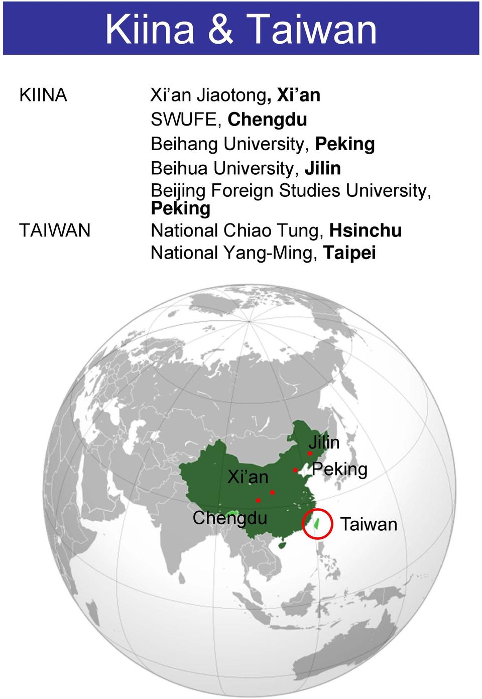 Beijing Freign Studies University, Peking Natinal Chia Tung,