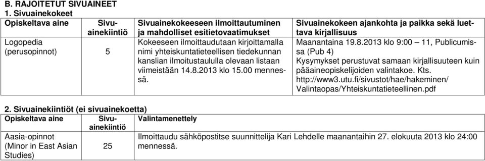 yhteiskuntatieteellisen tiedekunnan kanslian ilmoitustaululla olevaan listaan viimeistään 14.8.