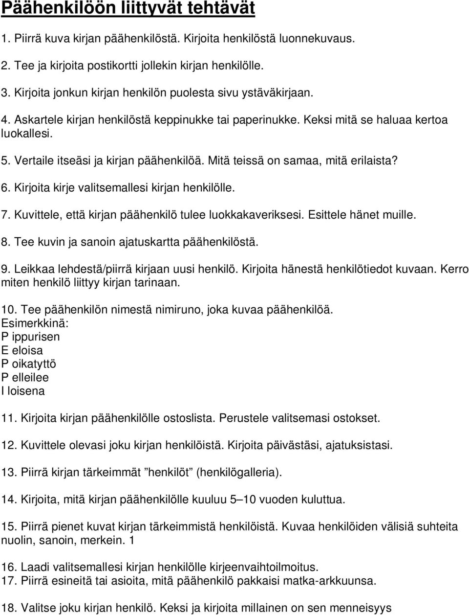 Vertaile itseäsi ja kirjan päähenkilöä. Mitä teissä on samaa, mitä erilaista? 6. Kirjoita kirje valitsemallesi kirjan henkilölle. 7. Kuvittele, että kirjan päähenkilö tulee luokkakaveriksesi.