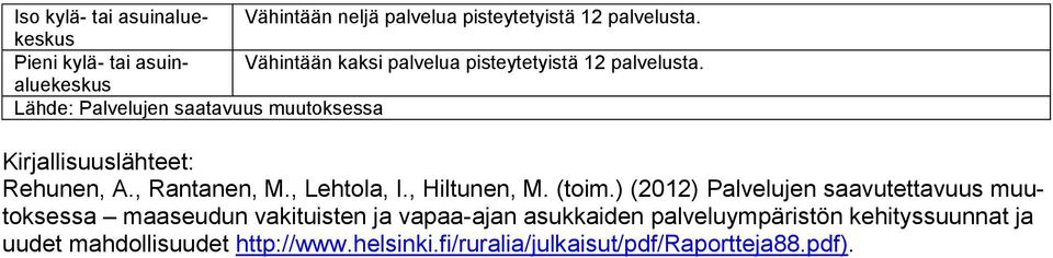 Lähde: Palvelujen saatavuus muutoksessa Kirjallisuuslähteet: Rehunen, A., Rantanen, M., Lehtola, I., Hiltunen, M. (toim.