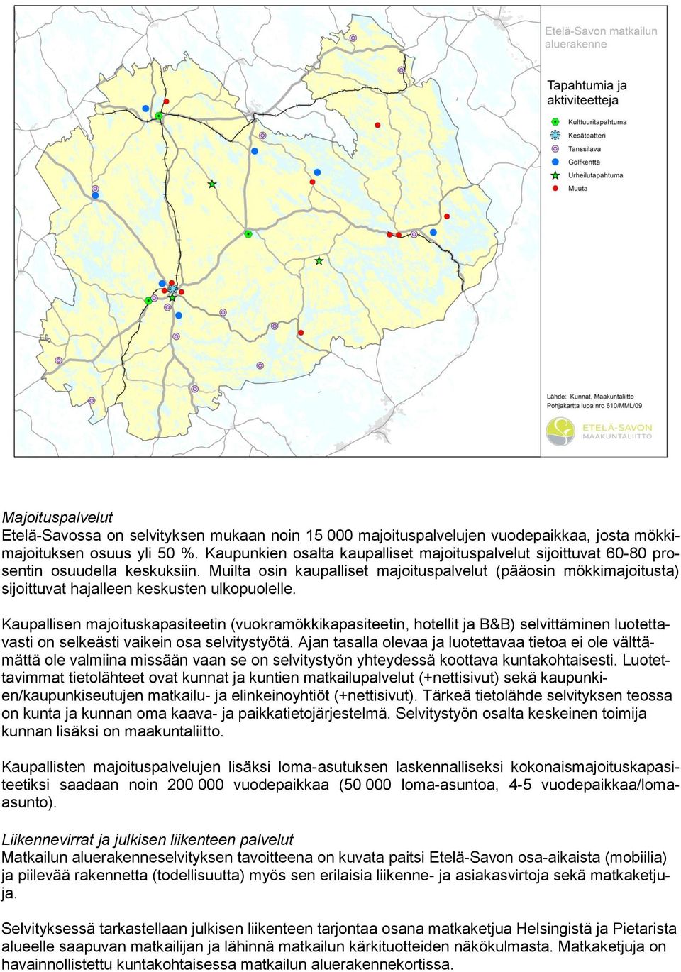 Muilta osin kaupalliset majoituspalvelut (pääosin mökkimajoitusta) sijoittuvat hajalleen keskusten ulkopuolelle.