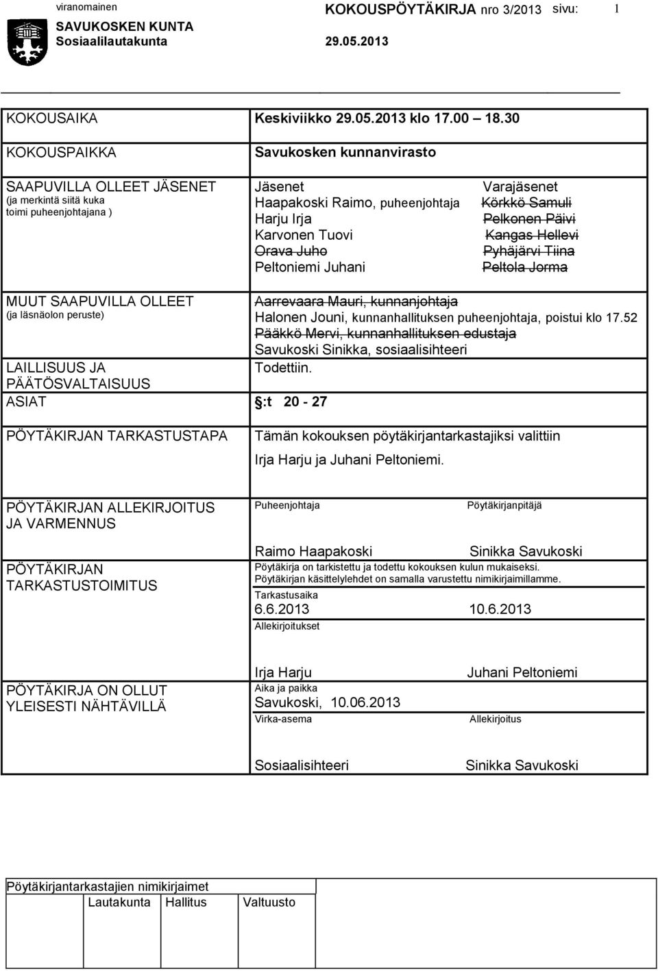 Peltoniemi Juhani Varajäsenet Körkkö Samuli Pelkonen Päivi Kangas Hellevi Pyhäjärvi Tiina Peltola Jorma MUUT SAAPUVILLA OLLEET (ja läsnäolon peruste) LAILLISUUS JA PÄÄTÖSVALTAISUUS ASIAT :t 20-27