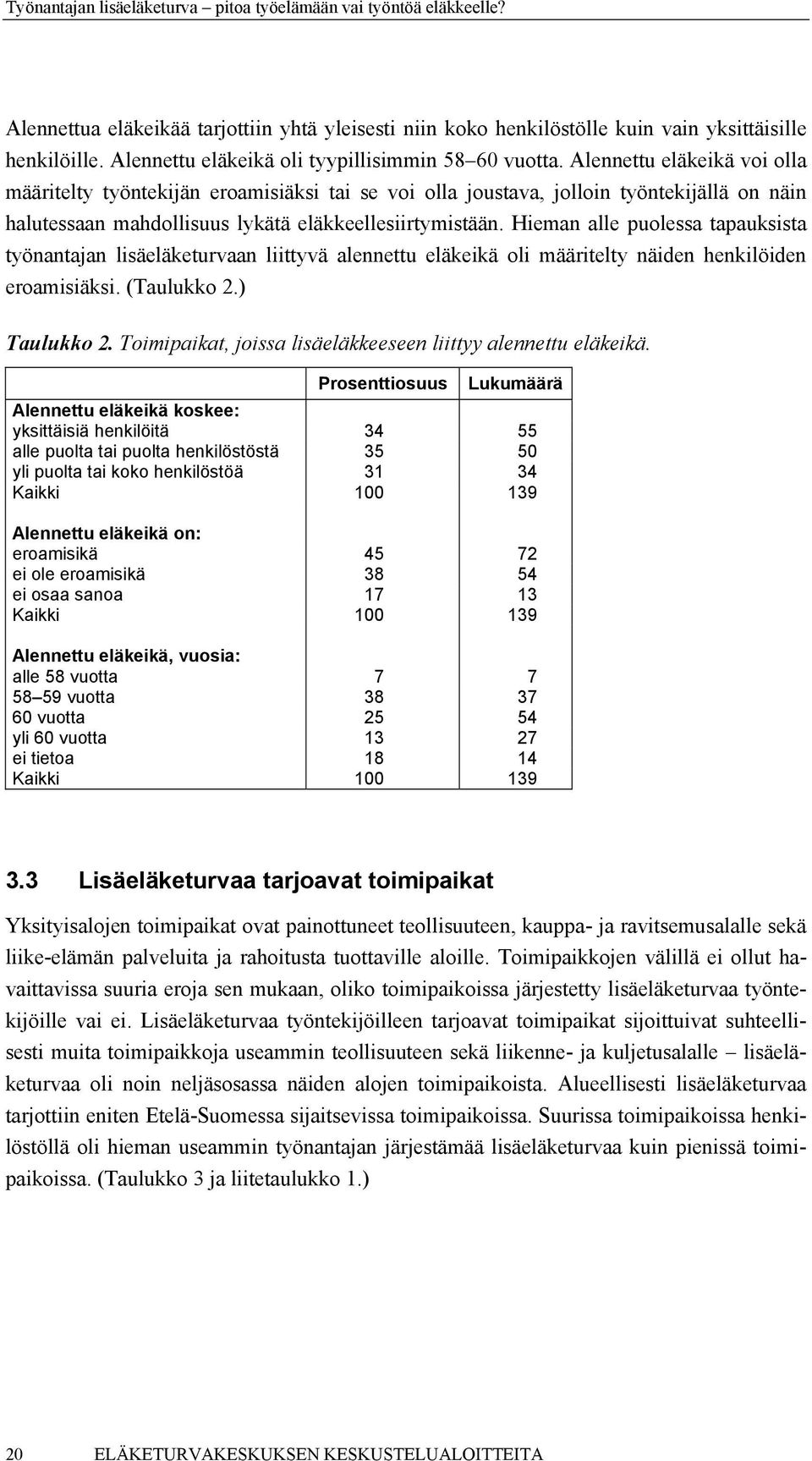 Hieman alle puolessa tapauksista työnantajan lisäeläketurvaan liittyvä alennettu eläkeikä oli määritelty näiden henkilöiden eroamisiäksi. (Taulukko 2.) Taulukko 2.