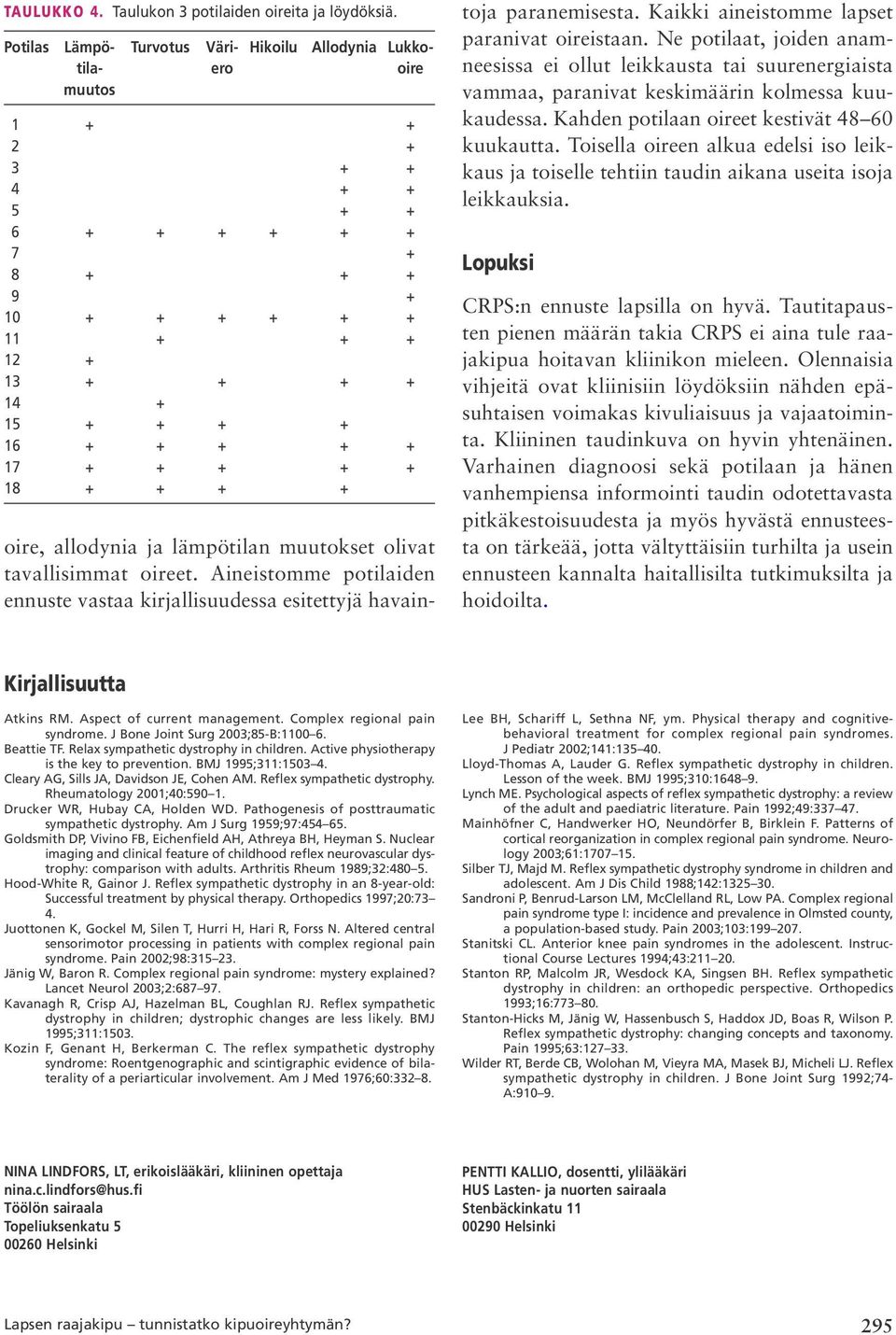 + 17 + + + + + 18 + + + + oire, allodynia ja lämpötilan muutokset olivat tavallisimmat oireet. Aineistomme potilaiden ennuste vastaa kirjallisuudessa esitettyjä havaintoja paranemisesta.