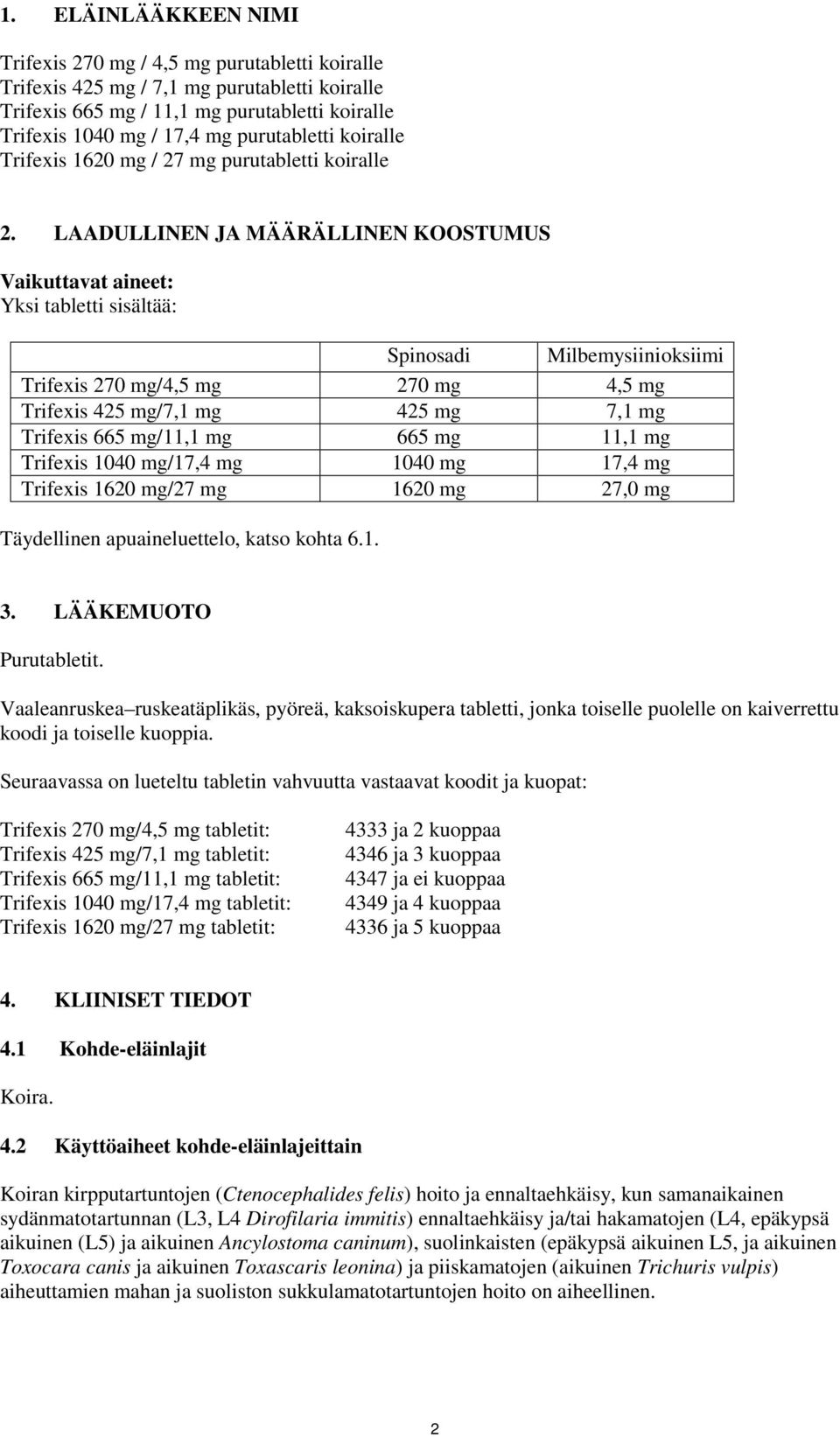 LAADULLINEN JA MÄÄRÄLLINEN KOOSTUMUS Vaikuttavat aineet: Yksi tabletti sisältää: Spinosadi Milbemysiinioksiimi Trifexis 270 mg/4,5 mg 270 mg 4,5 mg Trifexis 425 mg/7,1 mg 425 mg 7,1 mg Trifexis 665