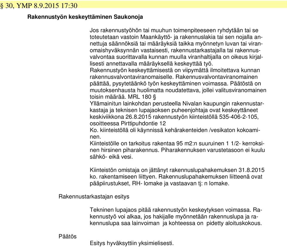 tai määräyksiä taikka myönnetyn luvan tai viranomaishyväksynnän vastaisesti, rakennustarkastajalla tai rakennusvalvontaa suorittavalla kunnan muulla viranhaltijalla on oikeus kirjallisesti