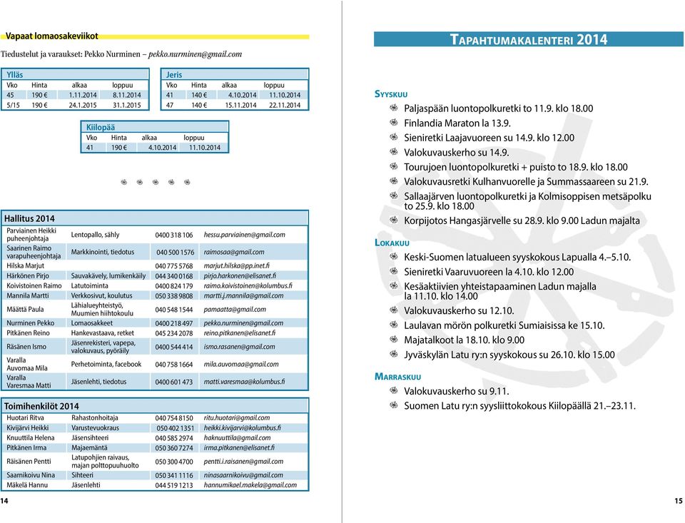 11.2014 22.11.2014 Lentopallo, sähly 0400 318 106 hessu.parviainen@gmail.com puheenjohtaja Saarinen Raimo varapuheenjohtaja Markkinointi, tiedotus 040 500 1576 raimosaa@gmail.