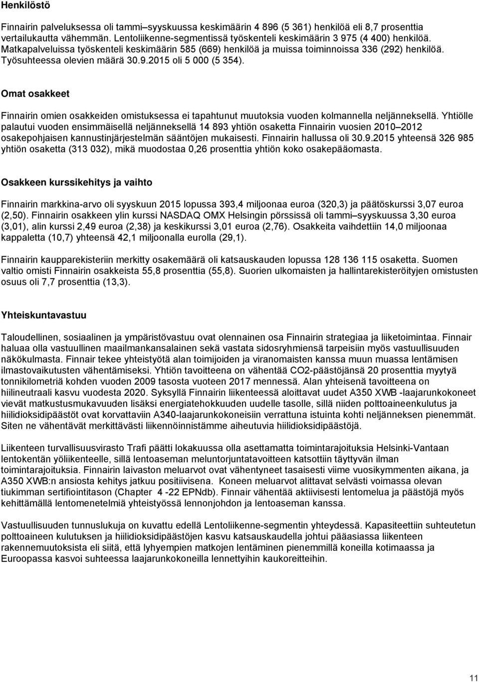 Työsuhteessa olevien määrä 30.9.2015 oli 5 000 (5 354). Omat osakkeet Finnairin omien osakkeiden omistuksessa ei tapahtunut muutoksia vuoden kolmannella neljänneksellä.