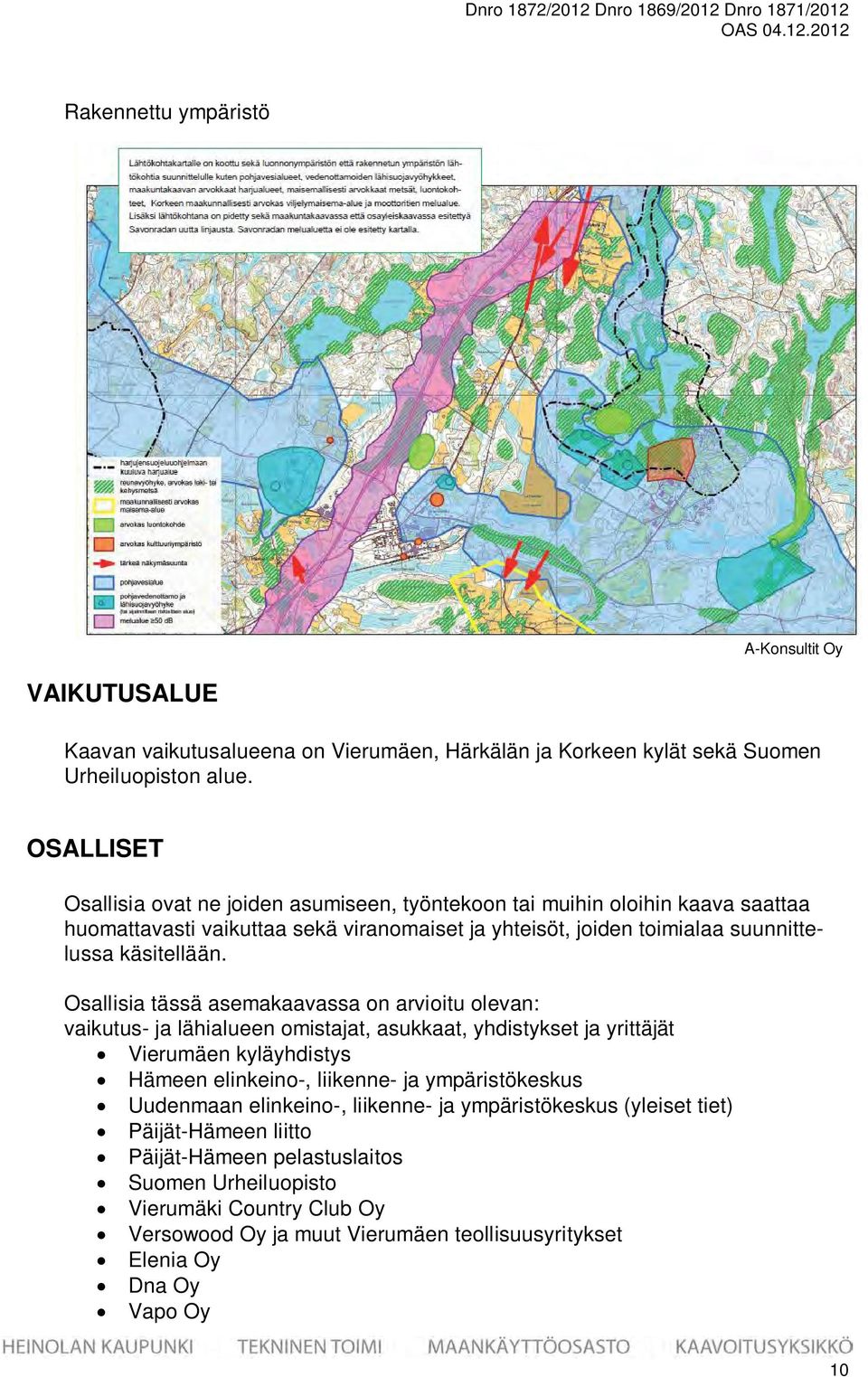 Osallisia tässä asemakaavassa on arvioitu olevan: vaikutus- ja lähialueen omistajat, asukkaat, yhdistykset ja yrittäjät Vierumäen kyläyhdistys Hämeen elinkeino-, liikenne- ja ympäristökeskus