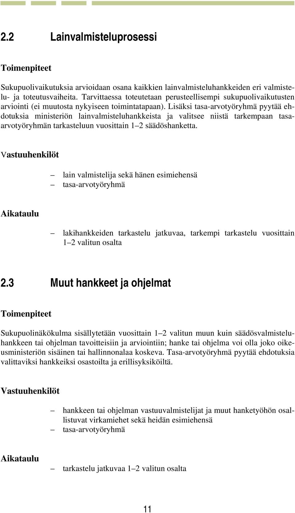 Lisäksi tasa-arvotyöryhmä pyytää ehdotuksia ministeriön lainvalmisteluhankkeista ja valitsee niistä tarkempaan tasaarvotyöryhmän tarkasteluun vuosittain 1 2 säädöshanketta.