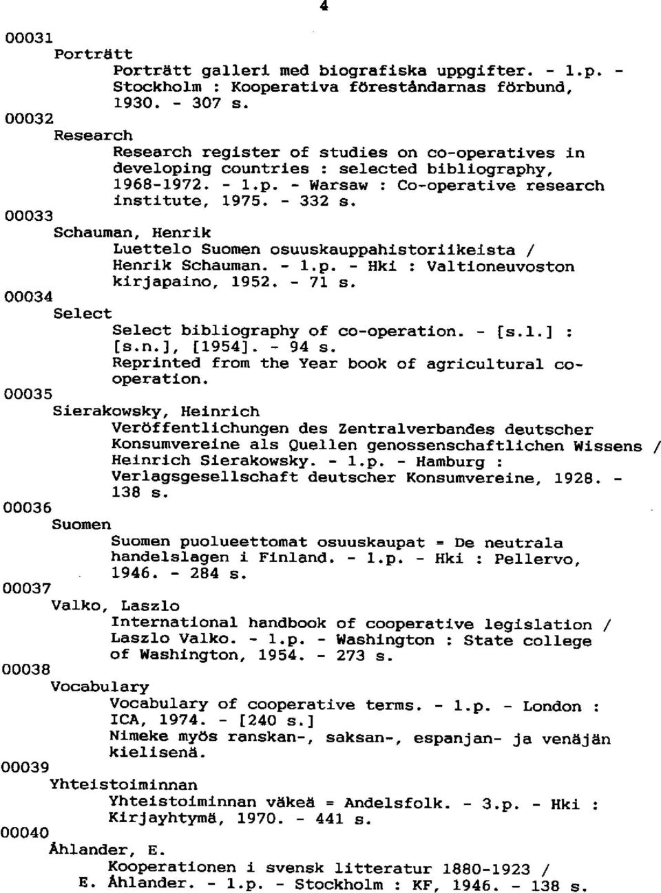 ooo33 Schauman, Henrik Luettelo Suornen osuuskauppahistorllkelsta / Henrlk Schaunan. - 1.p. - Hki : Valtioneuvoston kirjapatno, 1952. - 71. s. ooo34 SelectSelect btbliography of co-operation. - [s.1.] : ls.