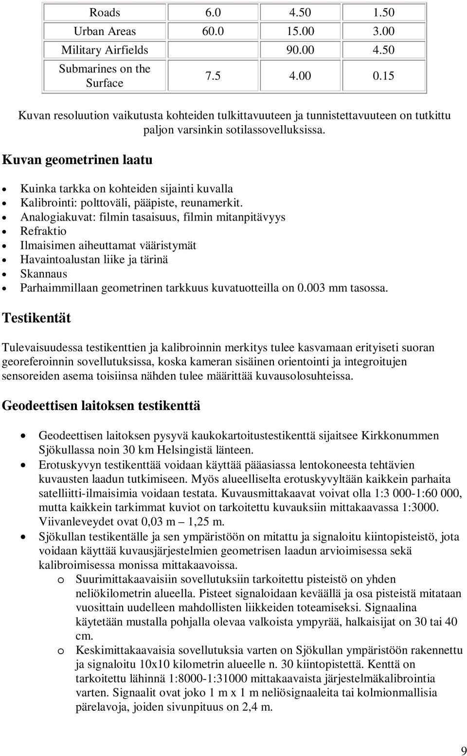 Kuvan geometrinen laatu Kuinka tarkka on kohteiden sijainti kuvalla Kalibrointi: polttoväli, pääpiste, reunamerkit.