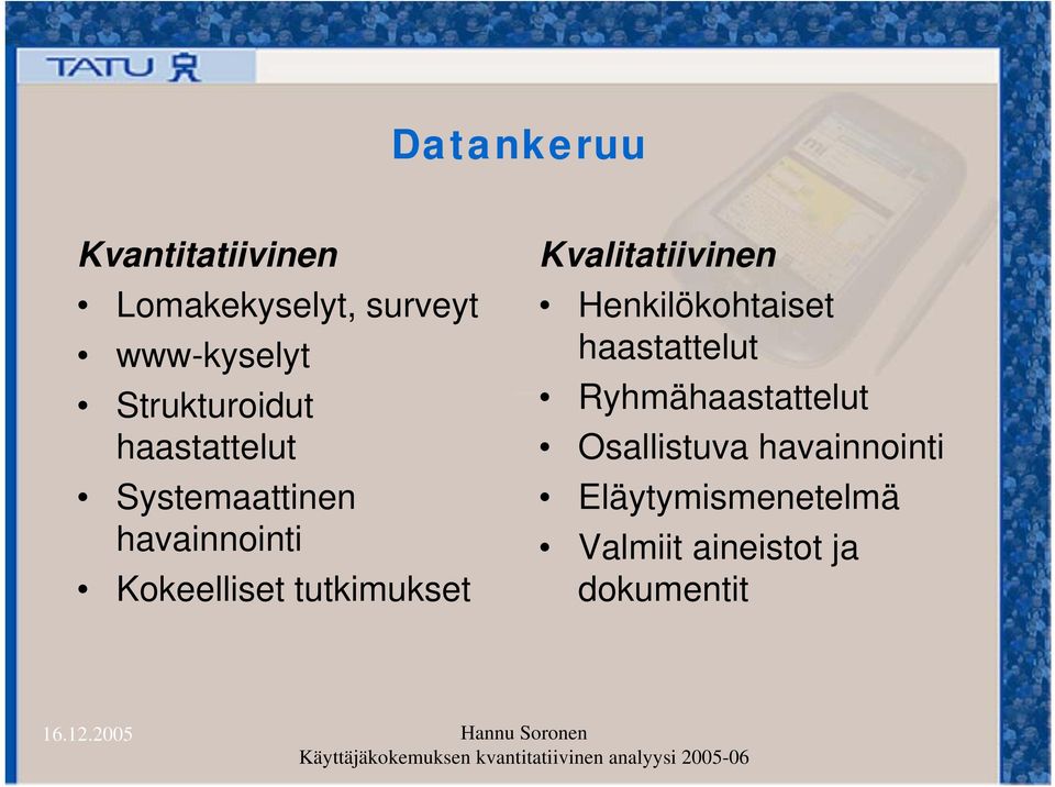 tutkimukset Kvalitatiivinen Henkilökohtaiset haastattelut