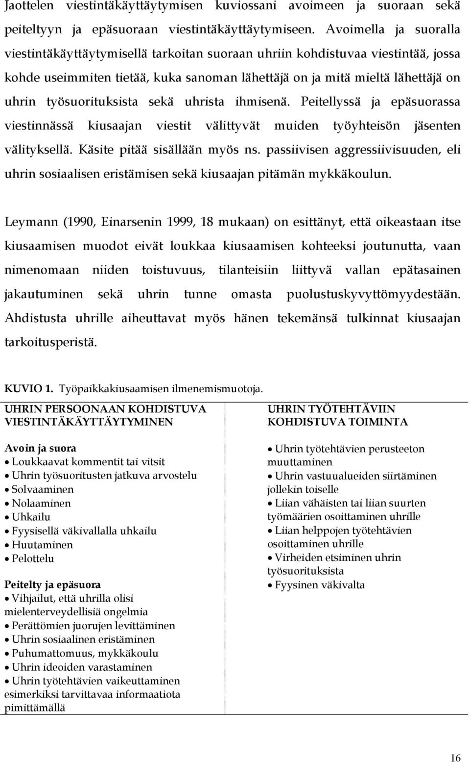 työsuorituksista sekä uhrista ihmisenä. Peitellyssä ja epäsuorassa viestinnässä kiusaajan viestit välittyvät muiden työyhteisön jäsenten välityksellä. Käsite pitää sisällään myös ns.