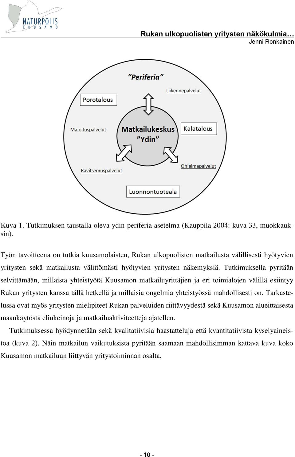 Tutkimuksella pyritään selvittämään, millaista yhteistyötä Kuusamon matkailuyrittäjien ja eri toimialojen välillä esiintyy Rukan yritysten kanssa tällä hetkellä ja millaisia ongelmia yhteistyössä