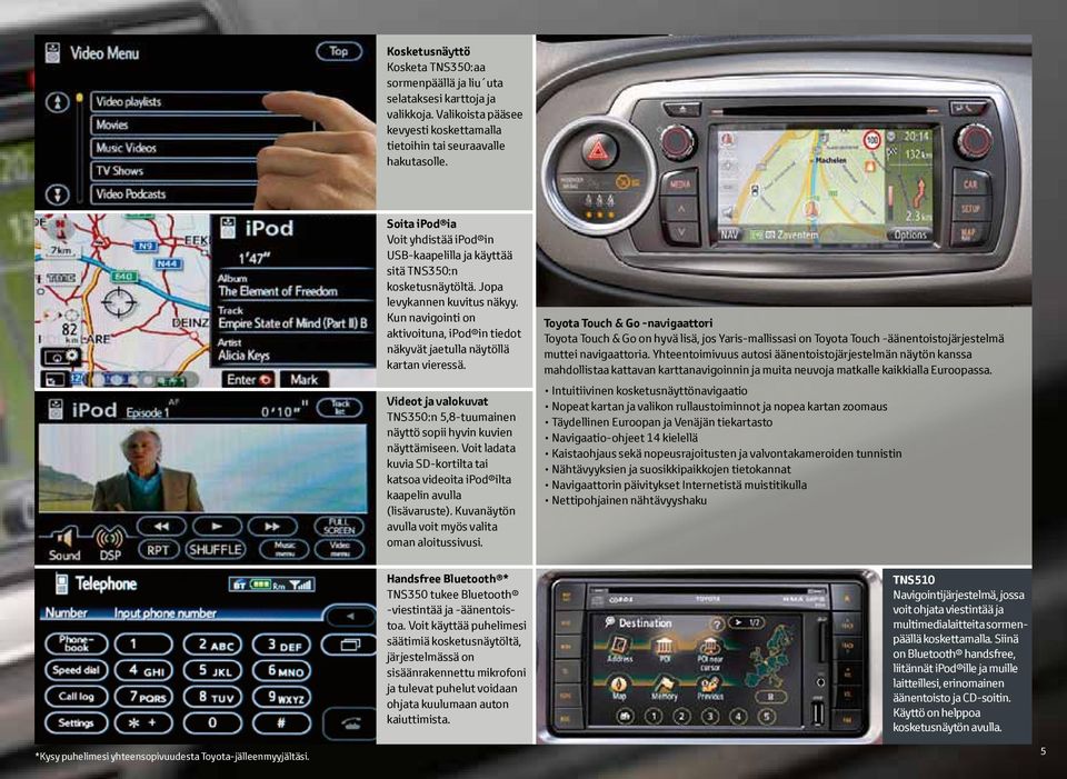 Kun navigointi on aktivoituna, ipod in tiedot näkyvät jaetulla näytöllä kartan vieressä. Videot ja valokuvat TNS350:n 5,8-tuumainen näyttö sopii hyvin kuvien näyttämiseen.