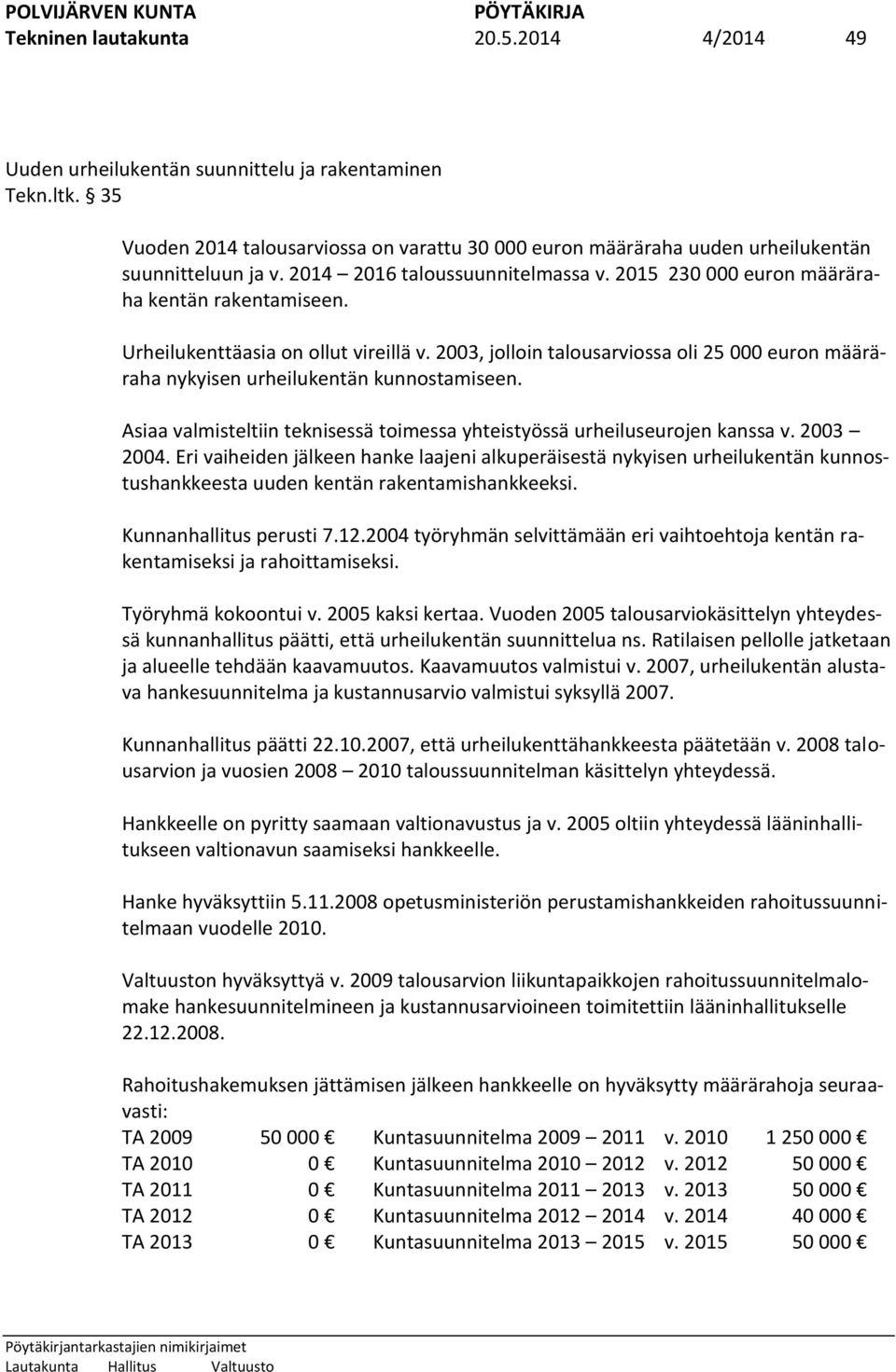 Urheilukenttäasia on ollut vireillä v. 2003, jolloin talousarviossa oli 25 000 euron määräraha nykyisen urheilukentän kunnostamiseen.