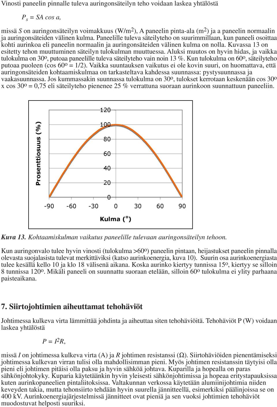 Kuvassa 13 on esitetty tehon muuttuminen säteilyn tulokulman muuttuessa. Aluksi muutos on hyvin hidas, ja vaikka tulokulma on 30 o, putoaa paneelille tuleva säteilyteho vain noin 13 %.