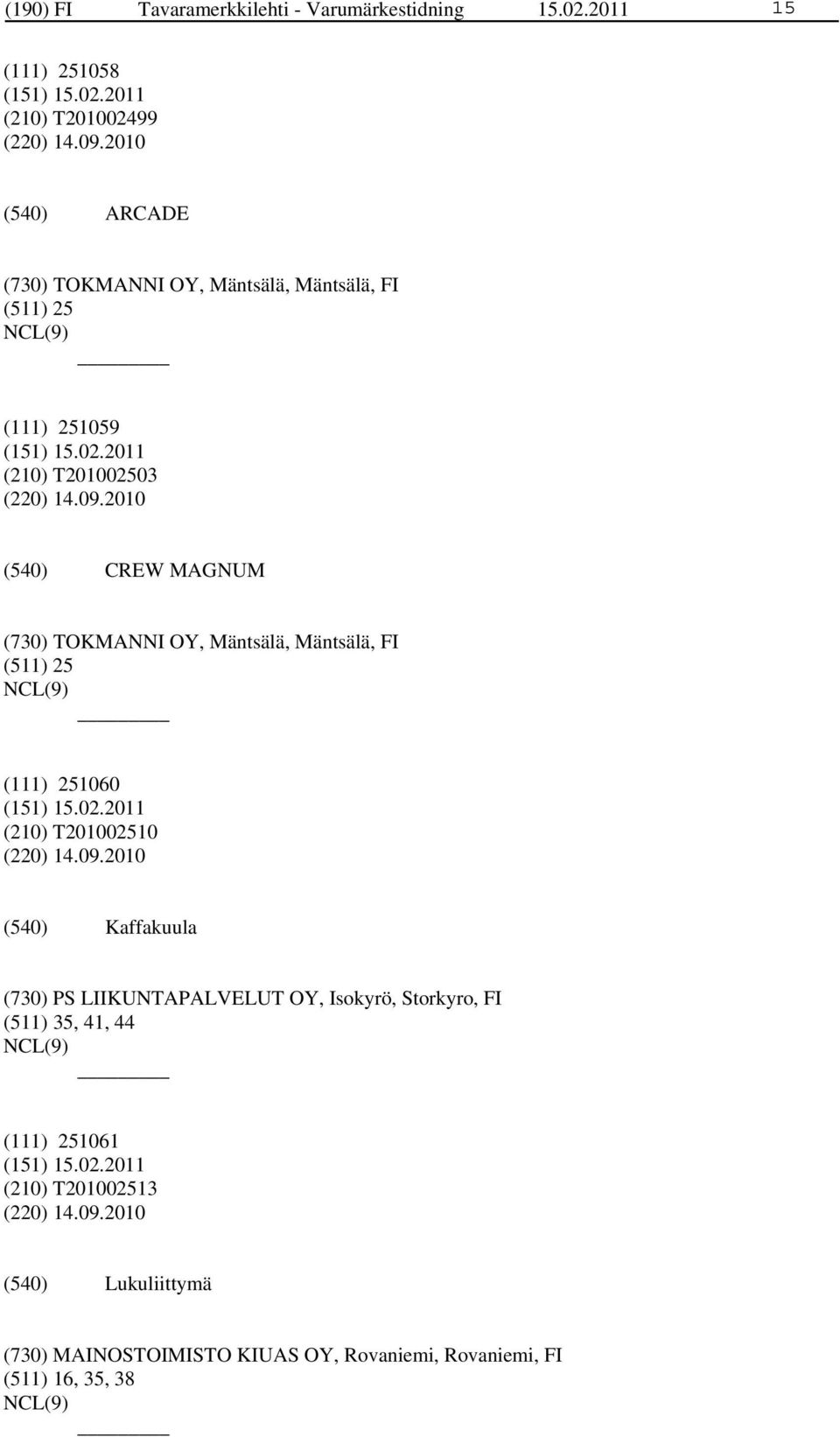 2010 CREW MAGNUM (730) TOKMANNI OY, Mäntsälä, Mäntsälä, FI (511) 25 (111) 251060 (210) T201002510 (220) 14.09.