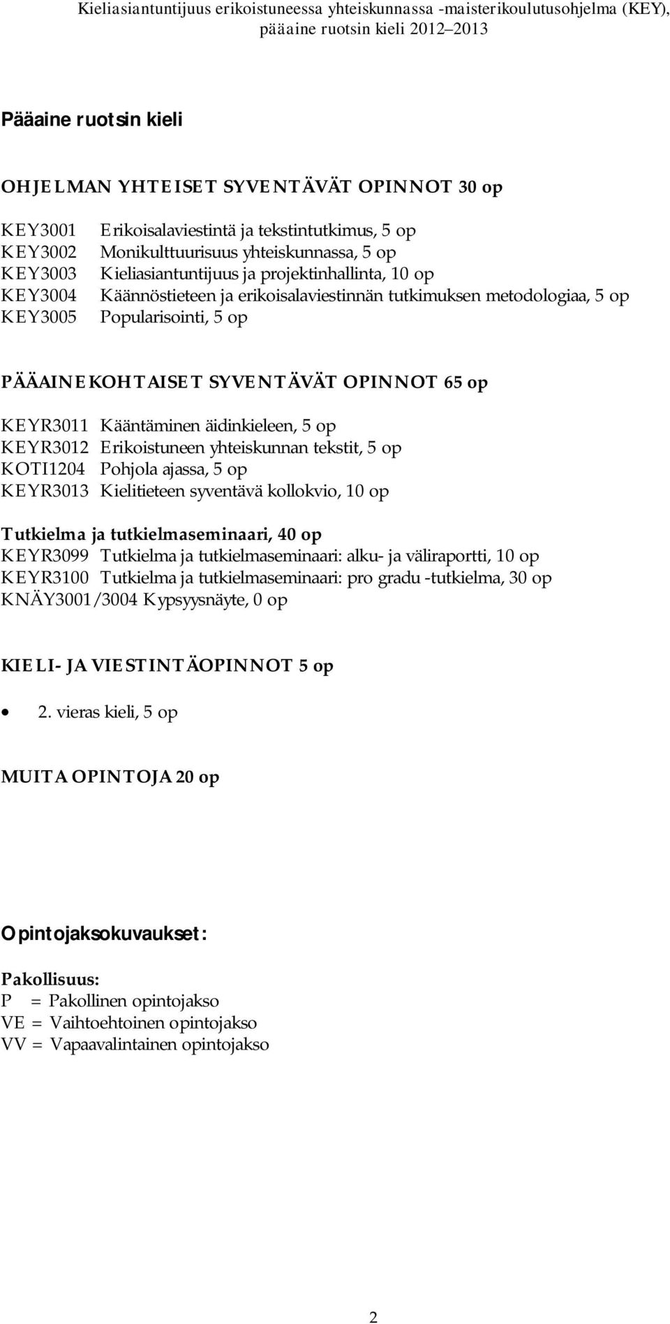 äidinkieleen, 5 op KEYR3012 Erikoistuneen yhteiskunnan tekstit, 5 op KOTI1204 Pohjola ajassa, 5 op KEYR3013 Kielitieteen syventävä kollokvio, 10 op Tutkielma ja tutkielmaseminaari, 40 op KEYR3099