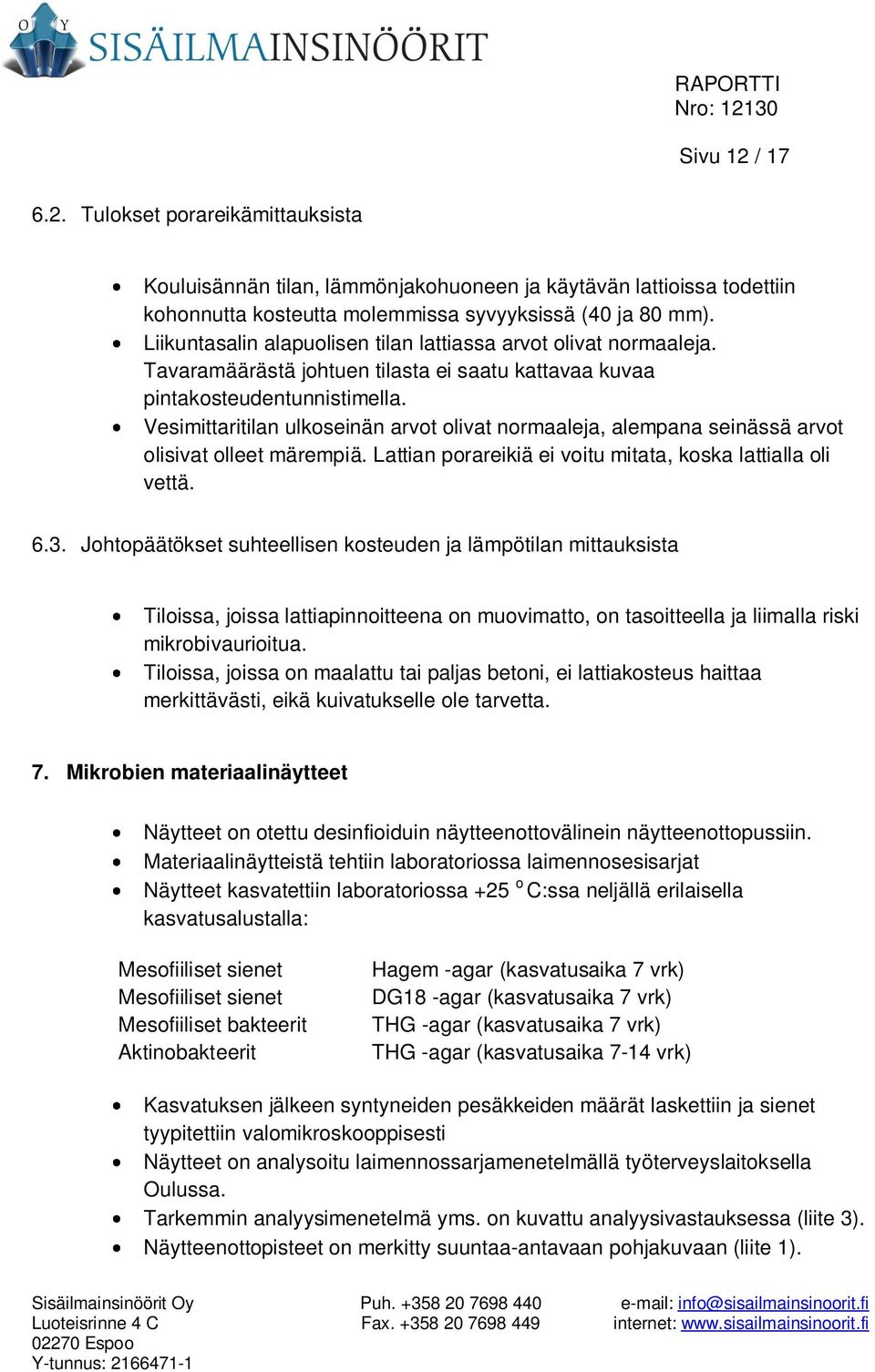 Vesimittaritilan ulkoseinän arvot olivat normaaleja, alempana seinässä arvot olisivat olleet märempiä. Lattian porareikiä ei voitu mitata, koska lattialla oli vettä. 6.3.