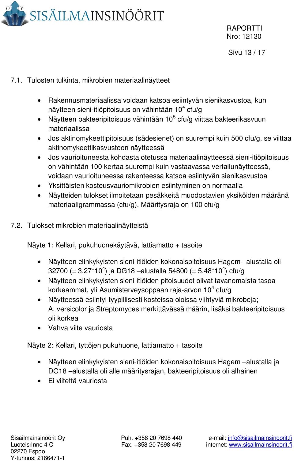 bakteeripitoisuus vähintään 10 5 cfu/g viittaa bakteerikasvuun materiaalissa Jos aktinomykeettipitoisuus (sädesienet) on suurempi kuin 500 cfu/g, se viittaa aktinomykeettikasvustoon näytteessä Jos