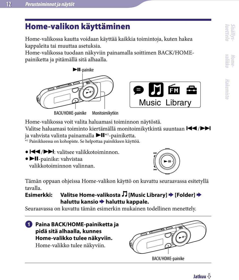 -painike Music Library BACK/HOME-painike Monitoimikytkin Home-valikossa voit valita haluamasi toiminnon näytöstä.