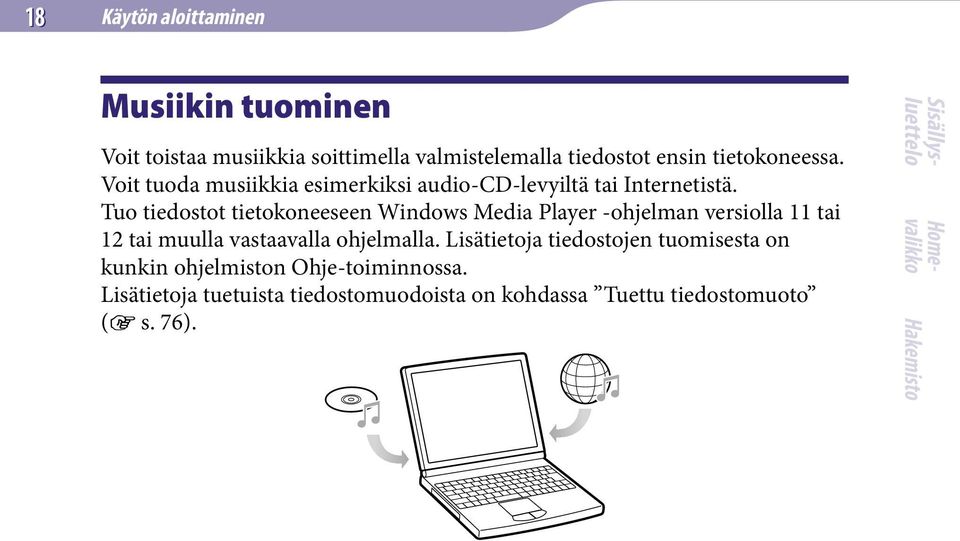 Tuo tiedostot tietokoneeseen Windows Media Player -ohjelman versiolla 11 tai 12 tai muulla vastaavalla ohjelmalla.