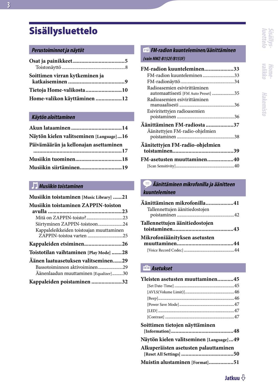 ..19 FM-radion kuunteleminen/äänittäminen (vain NWZ-B152F/B153F) FM-radion kuunteleminen...33 FM-radion kuunteleminen...33 FM-radionäyttö.