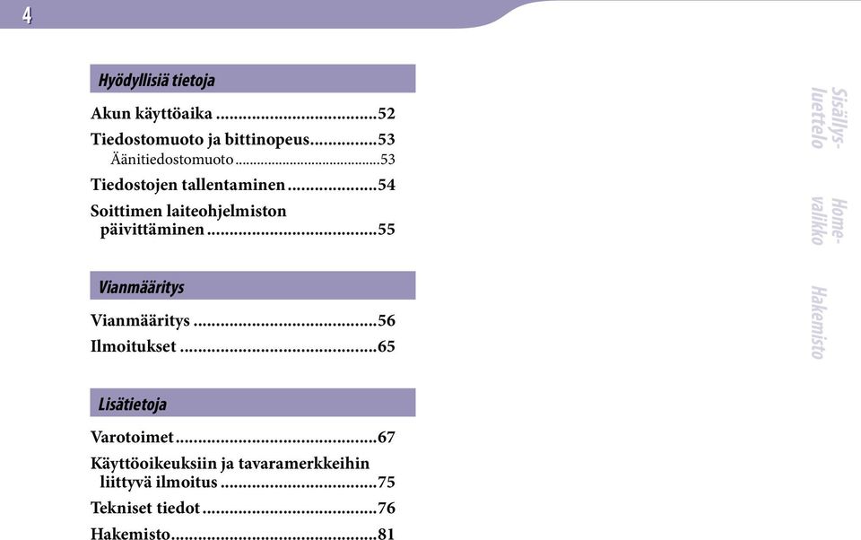 ..54 Soittimen laiteohjelmiston päivittäminen...55 Vianmääritys Vianmääritys.