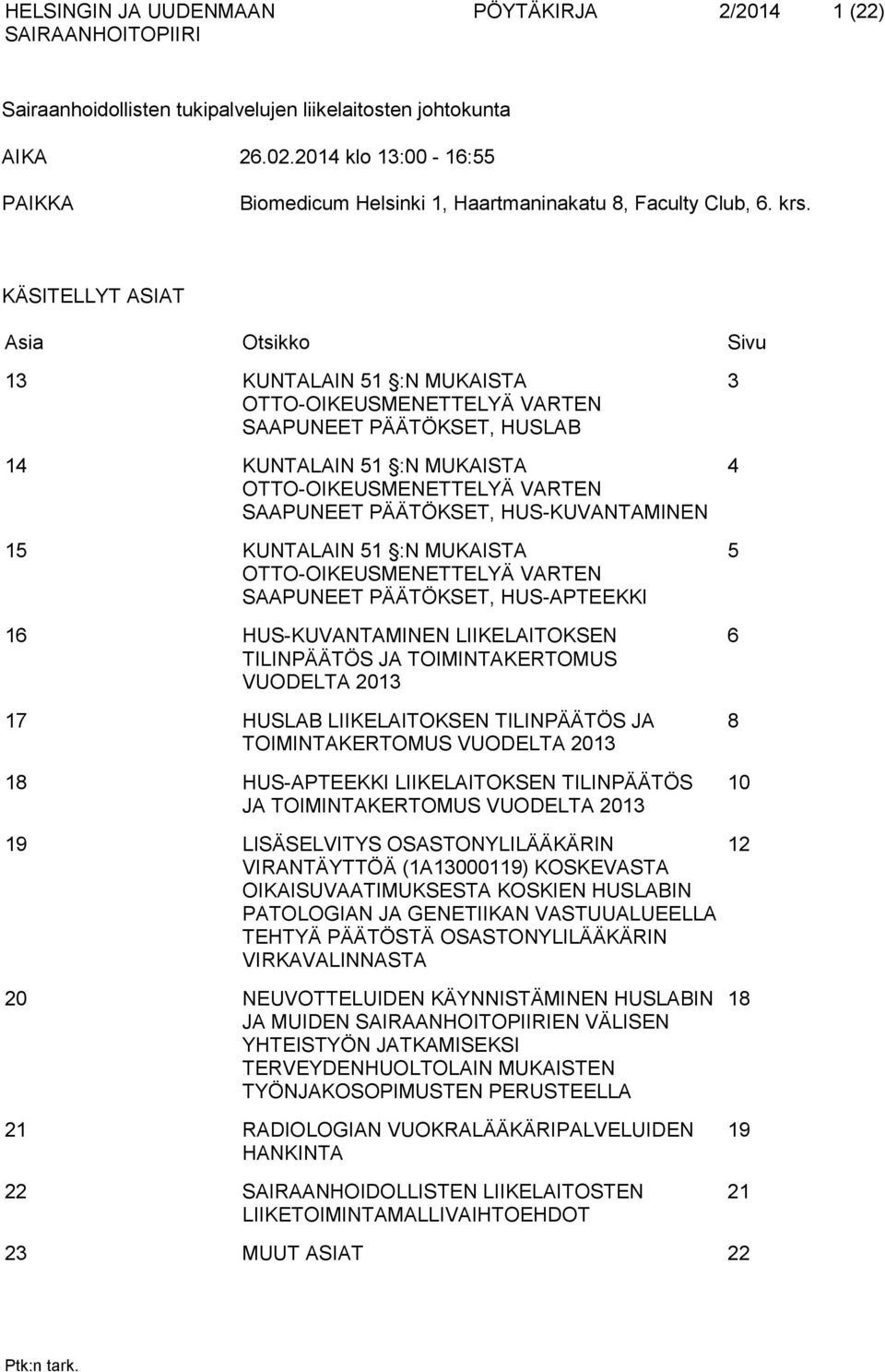 HUS-KUVANTAMINEN 15 KUNTALAIN 51 :N MUKAISTA OTTO-OIKEUSMENETTELYÄ VARTEN SAAPUNEET PÄÄTÖKSET, HUS-APTEEKKI 16 HUS-KUVANTAMINEN LIIKELAITOKSEN TILINPÄÄTÖS JA TOIMINTAKERTOMUS VUODELTA 2013 17 HUSLAB