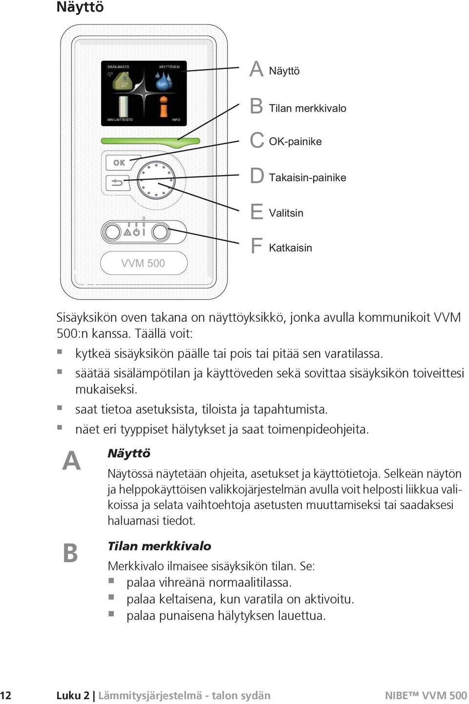 A B Näyttö Näytössä näytetään ohjeita, asetukset ja käyttötietoja.