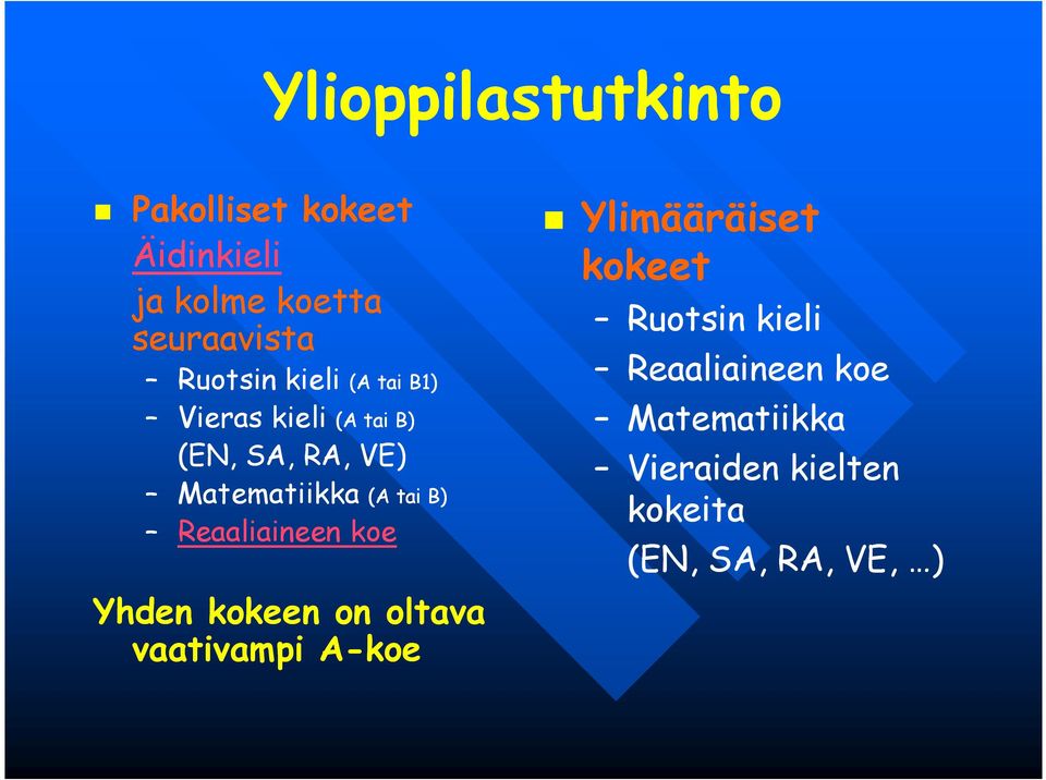 tai B) Reaaliaineen koe Yhden kokeen on oltava vaativampi A-koe Ylimääräiset