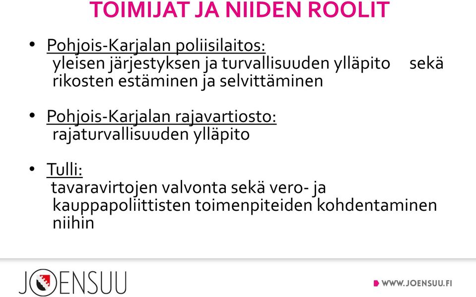 sekä Pohjois-Karjalan rajavartiosto: rajaturvallisuuden ylläpito Tulli: