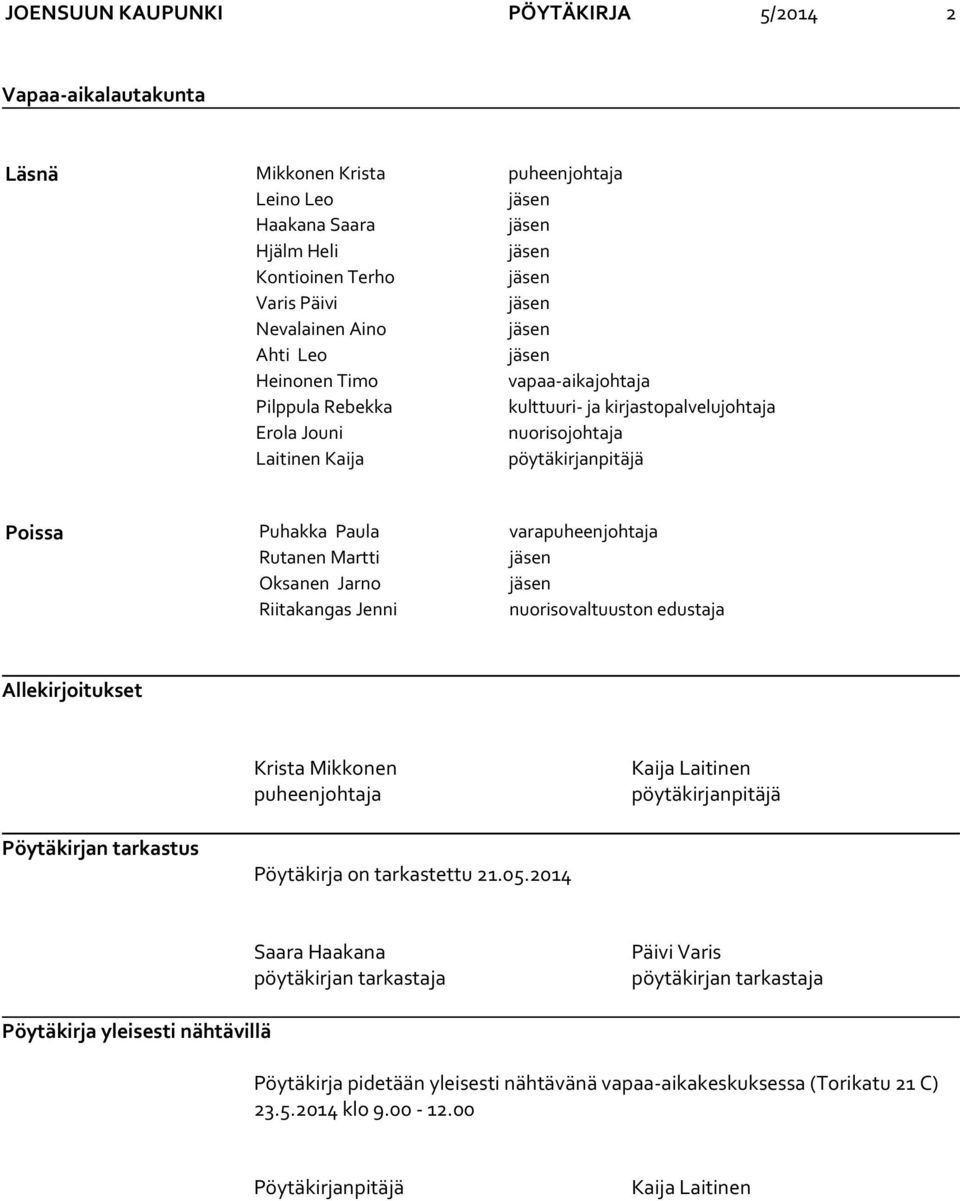 Riitakangas Jenni nuorisovaltuuston edustaja Allekirjoitukset Krista Mikkonen puheenjohtaja Kaija Laitinen pöytäkirjanpitäjä Pöytäkirjan tarkastus Pöytäkirja on tarkastettu 21.05.