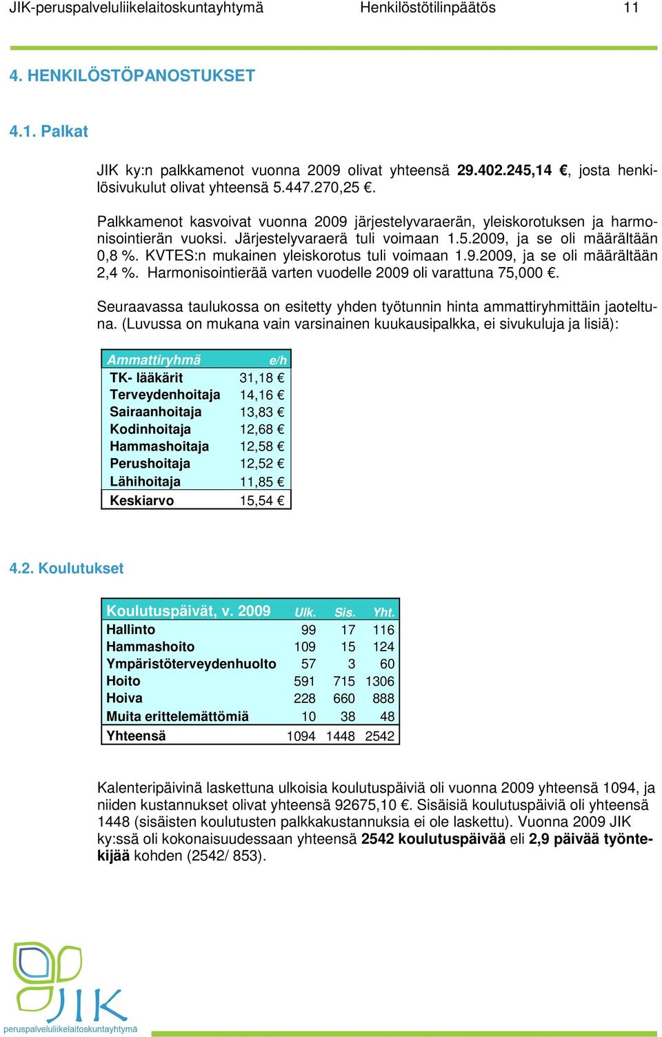 KVTES:n mukainen yleiskorotus tuli voimaan 1.9.2009, ja se oli määrältään 2,4 %. Harmonisointierää varten vuodelle 2009 oli varattuna 75,000.