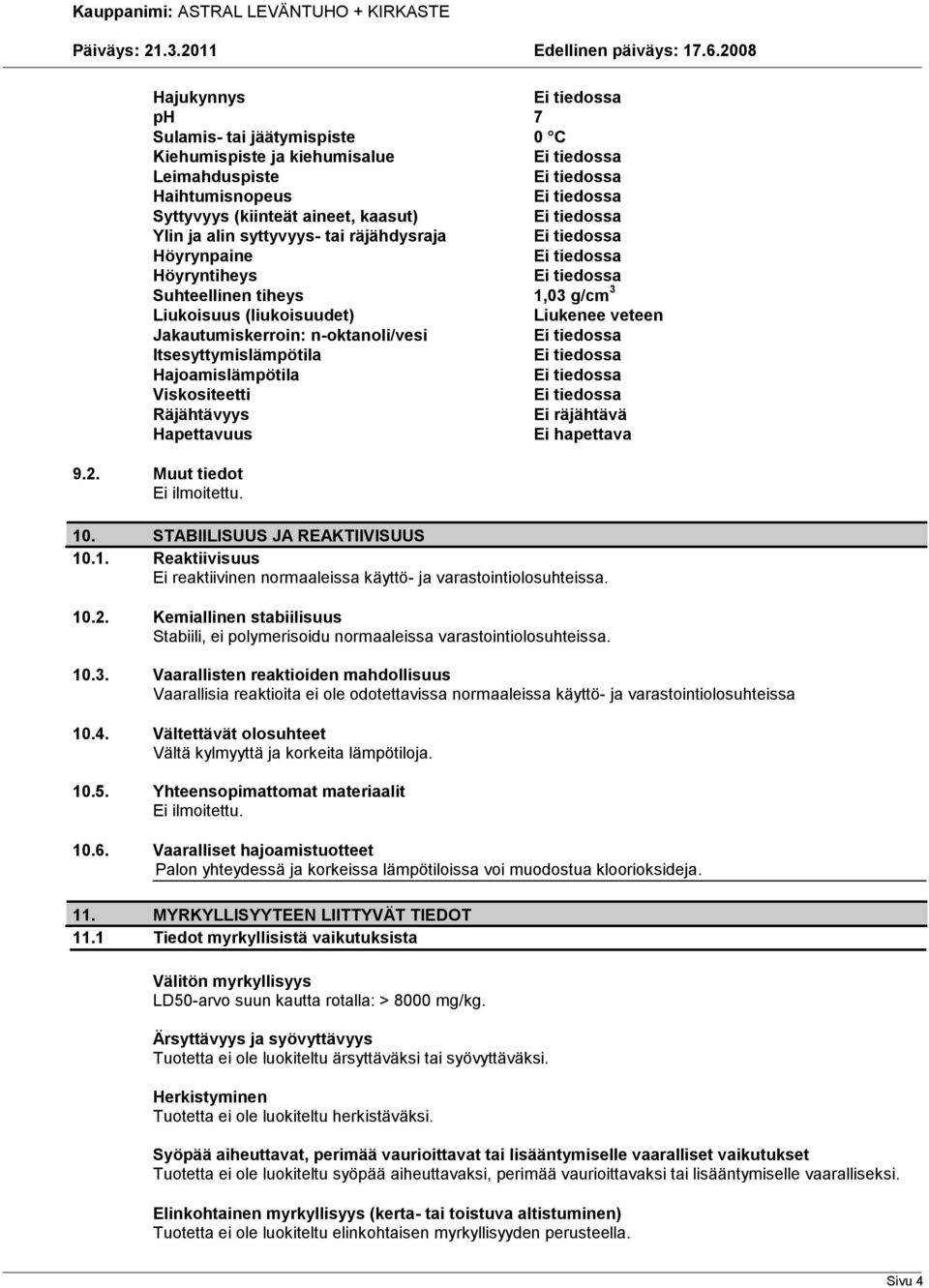 räjähtävä Hapettavuus Ei hapettava 9.2. Muut tiedot 10. STABIILISUUS JA REAKTIIVISUUS 10.1. Reaktiivisuus Ei reaktiivinen normaaleissa käyttö- ja varastointiolosuhteissa. 10.2. Kemiallinen stabiilisuus Stabiili, ei polymerisoidu normaaleissa varastointiolosuhteissa.
