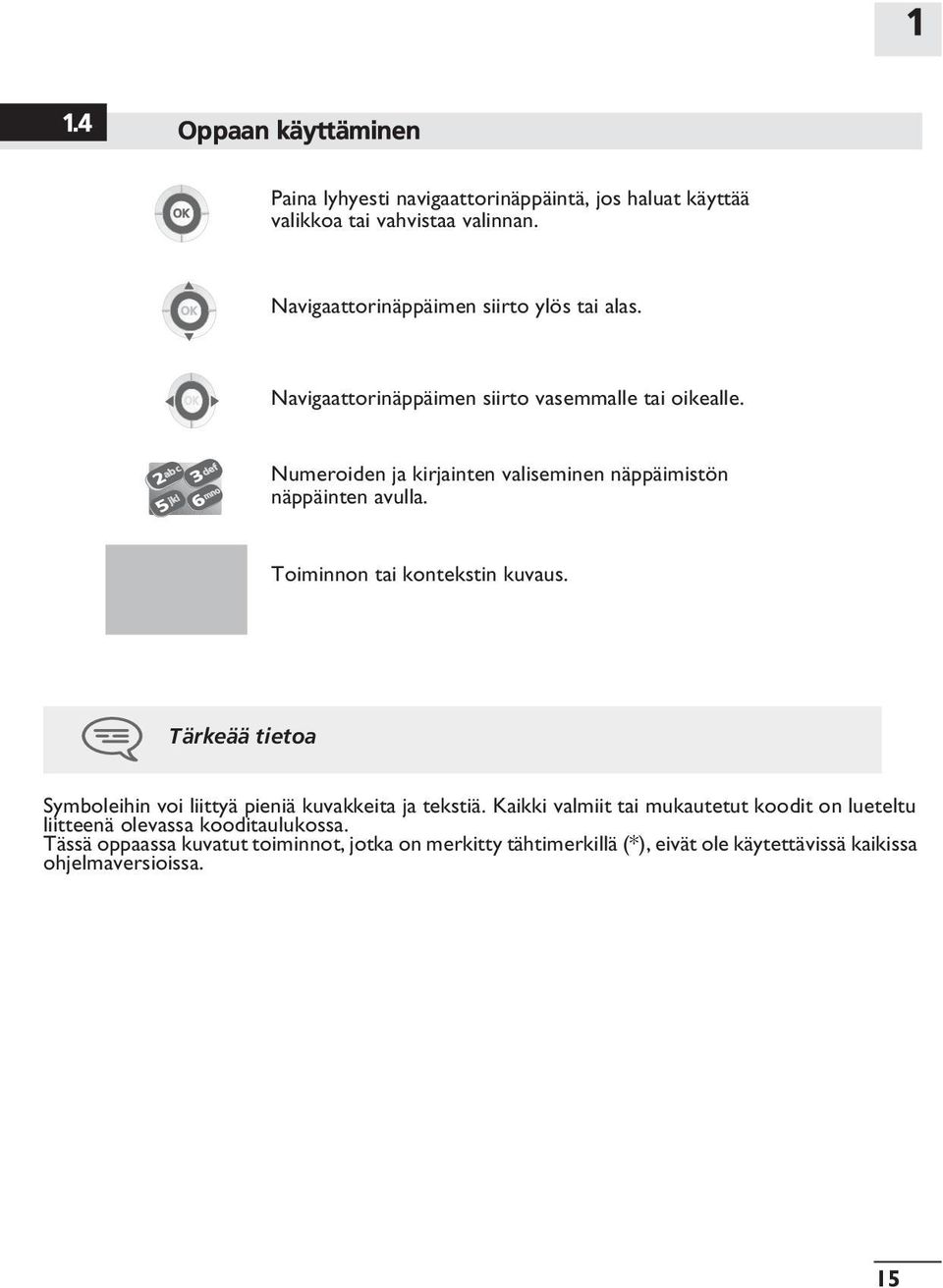 Näyttö ja kuvakkeet Numeroiden ja kirjainten valiseminen näppäimistön näppäinten avulla. Toiminnon tai kontekstin kuvaus.