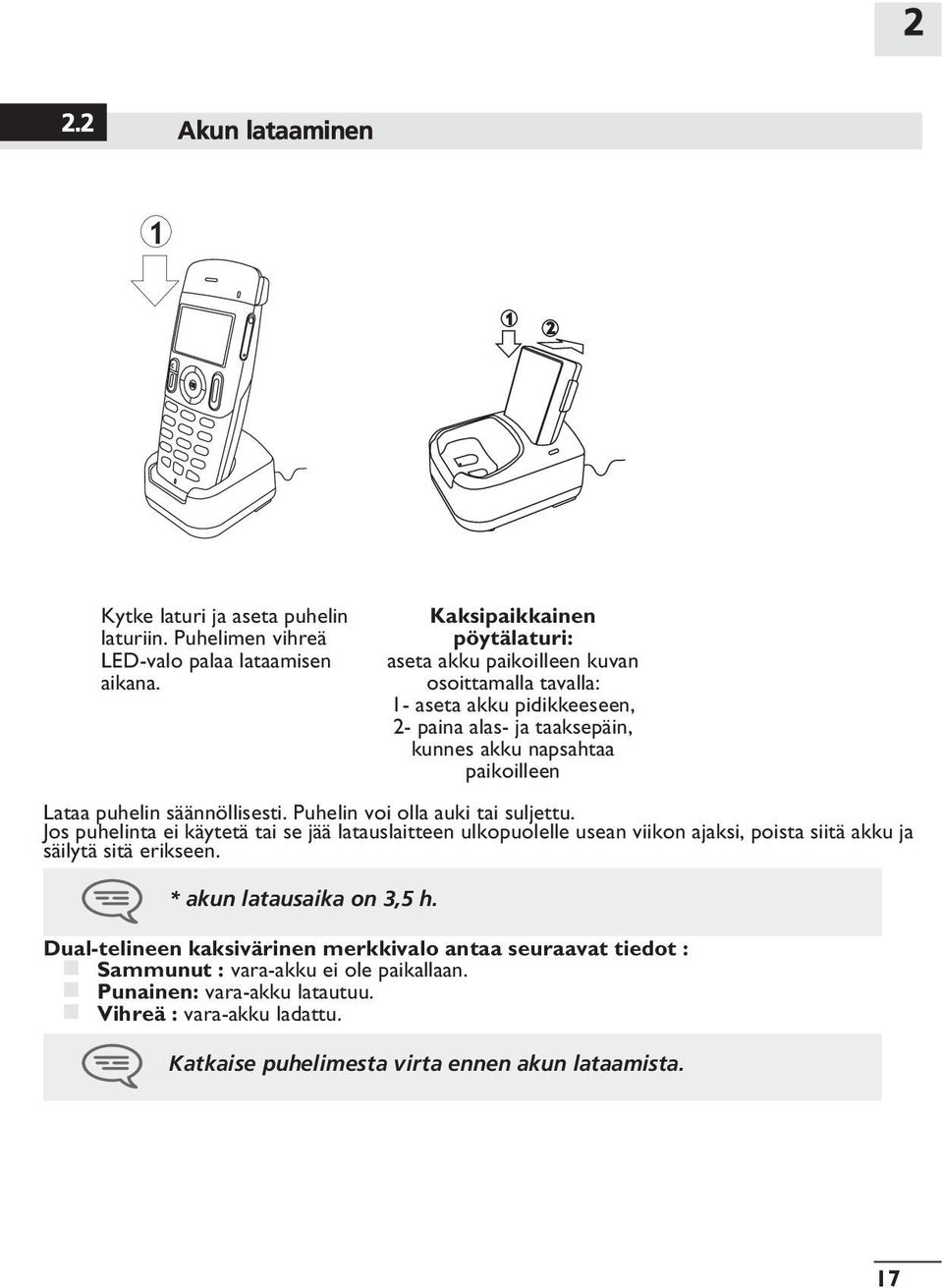 säännöllisesti. Puhelin voi olla auki tai suljettu. Jos puhelinta ei käytetä tai se jää latauslaitteen ulkopuolelle usean viikon ajaksi, poista siitä akku ja säilytä sitä erikseen.