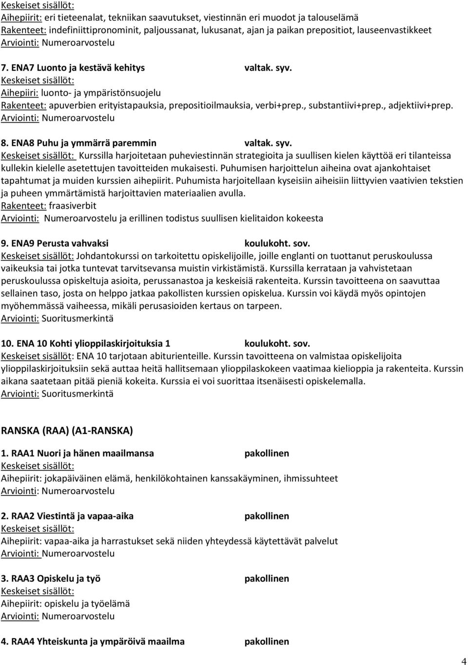 ENA8 Puhu ja ymmärrä paremmin valtak. syv. Kurssilla harjoitetaan puheviestinnän strategioita ja suullisen kielen käyttöä eri tilanteissa kullekin kielelle asetettujen tavoitteiden mukaisesti.