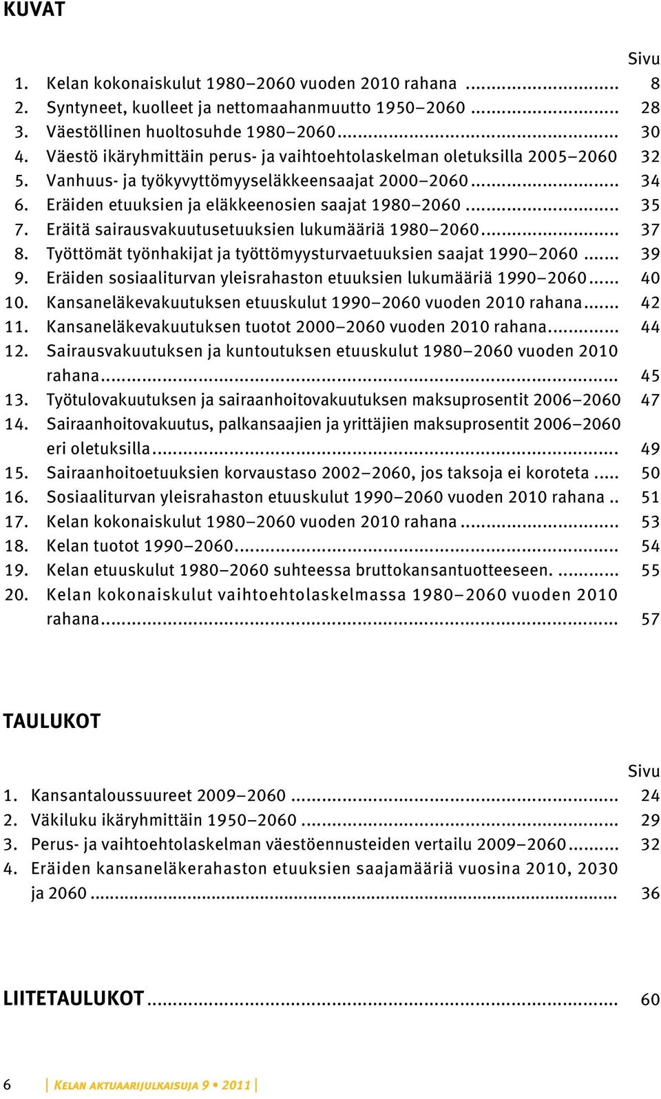 Eräitä sairausvakuutusetuuksien lukumääriä 1980 2060... 37 8. Työttömät työnhakijat ja työttömyysturvaetuuksien saajat 1990 2060... 39 9.