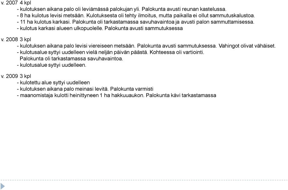 - kulotus karkasi alueen ulkopuolelle. Palokunta avusti sammutuksessa v. 2008 3 kpl - kulotuksen aikana palo levisi viereiseen metsään. Palokunta avusti sammutuksessa. Vahingot olivat vähäiset.