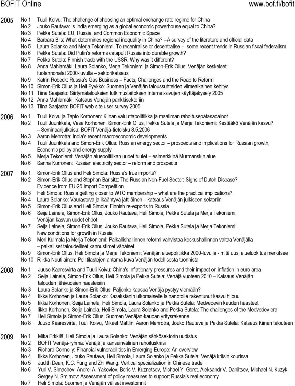 A survey of the literature and official data No 5 Laura Solanko and Merja Tekoniemi: To recentralise or decentralise some recent trends in Russian fiscal federalism No 6 Pekka Sutela: Did Putin s