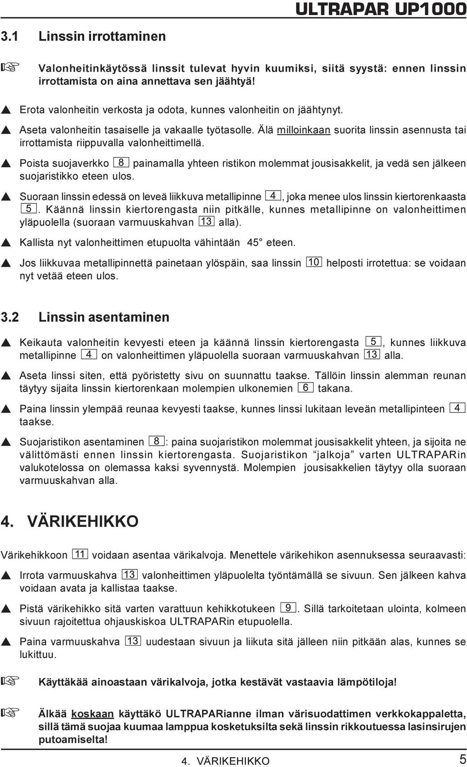 Älä milloinkaan suorita linssin asennusta tai irrottamista riippuvalla valonheittimellä.