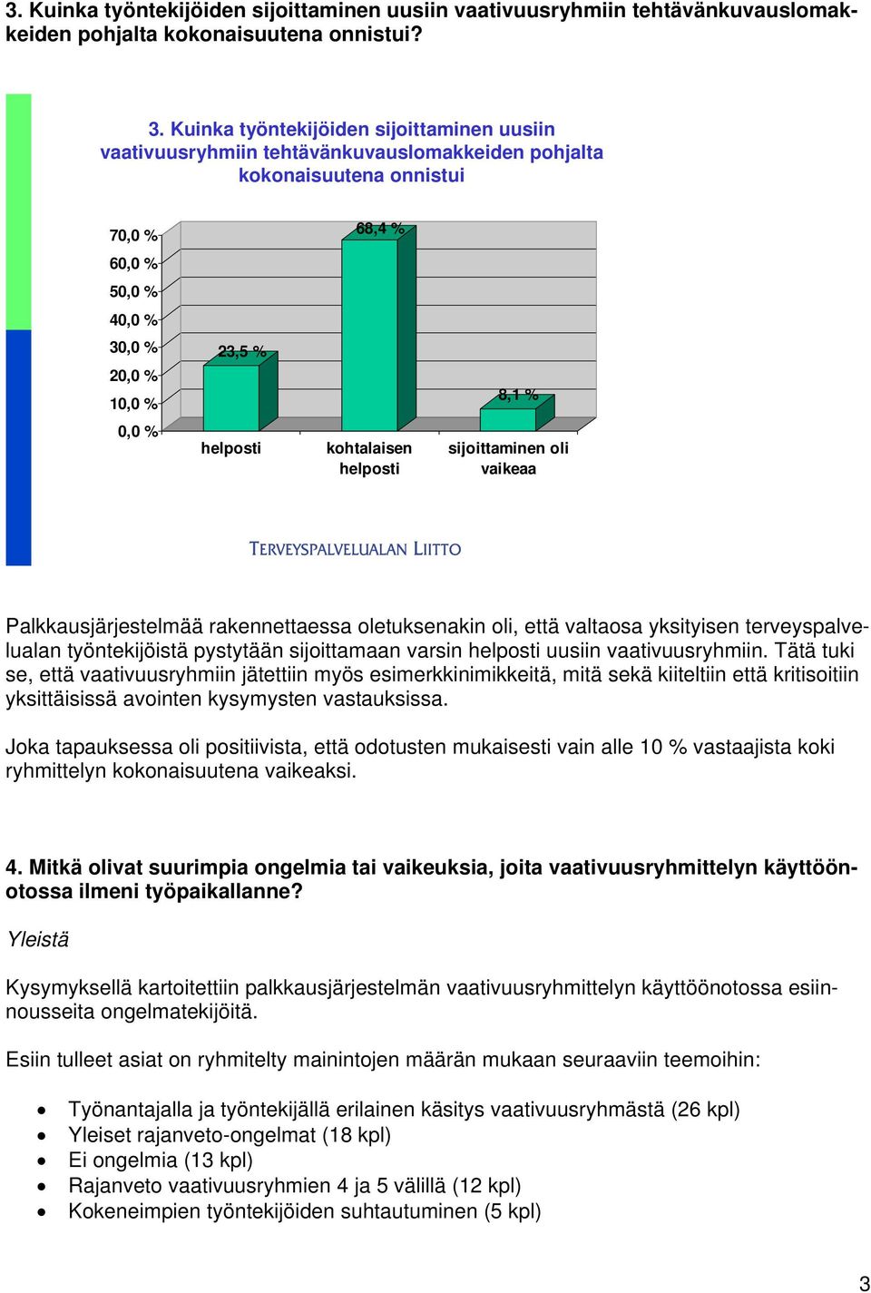 helposti kohtalaisen helposti sijoittaminen oli vaikeaa Palkkausjärjestelmää rakennettaessa oletuksenakin oli, että valtaosa yksityisen terveyspalvelualan työntekijöistä pystytään sijoittamaan varsin