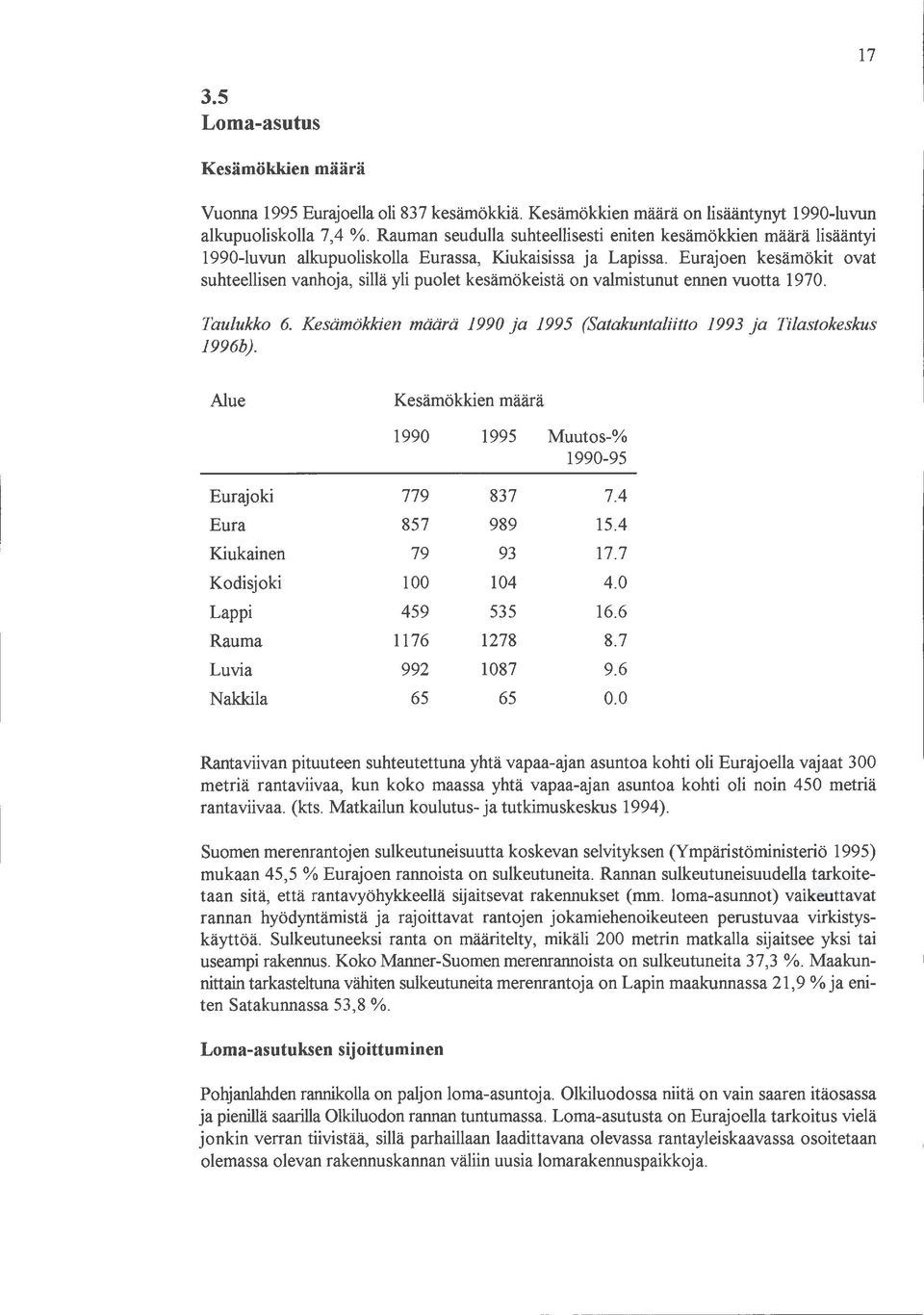 Eurajoen kesämökit ovat suhteellisen vanhoja, sillä yli puolet kesämökeistä on valmistunut ennen vuotta 1970. Taulukko 6. Kesämökkien määrä 1990 ja 1995 (Satakuntaliitto 1993 ja Tilastokeskus 1996b).