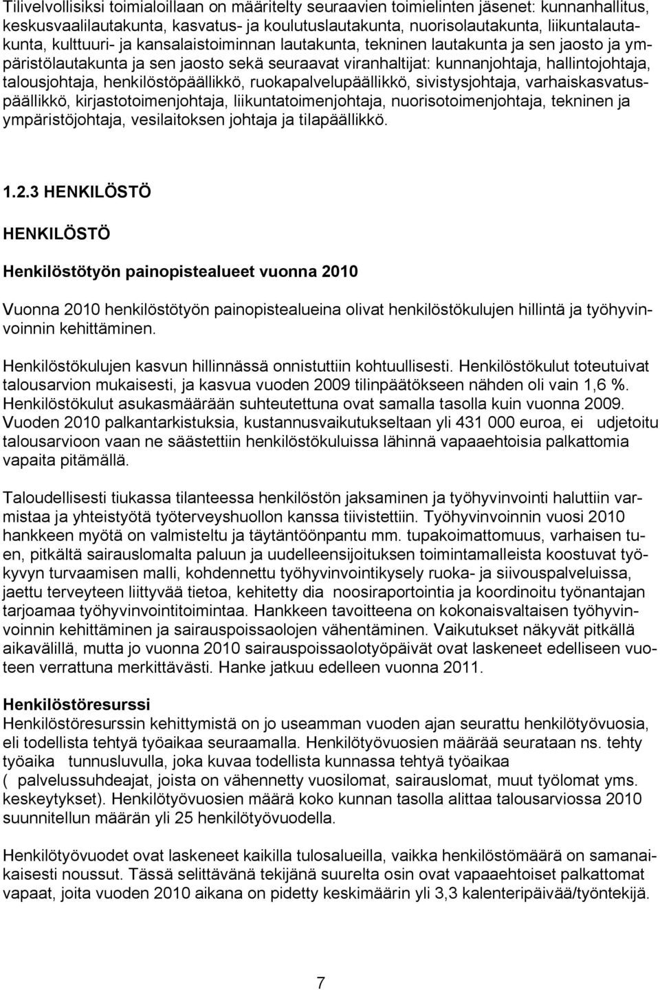 henkilöstöpäällikkö, ruokapalvelupäällikkö, sivistysjohtaja, varhaiskasvatuspäällikkö, kirjastotoimenjohtaja, liikuntatoimenjohtaja, nuorisotoimenjohtaja, tekninen ja ympäristöjohtaja, vesilaitoksen