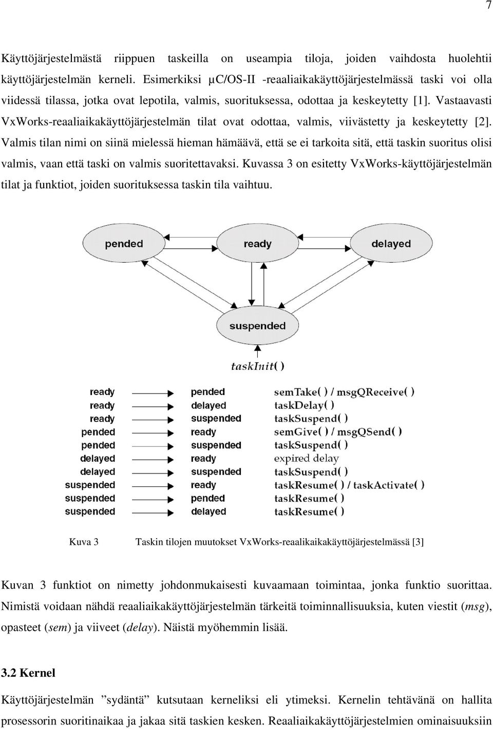 Vastaavasti VxWorks-reaaliaikakäyttöjärjestelmän tilat ovat odottaa, valmis, viivästetty ja keskeytetty [2].