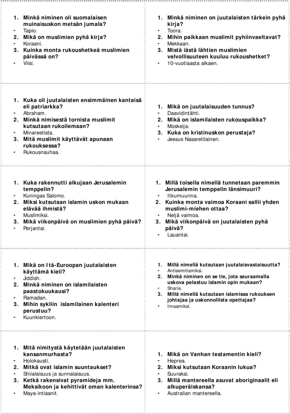 - 10-vuotiaasta alkaen. 1. Kuka oli juutalaisten ensimmäinen kantaisä eli patriarkka? - Abraham. 2. Minkä nimisestä tornista muslimit kutsutaan rukoilemaan? - Minareetista. 3.